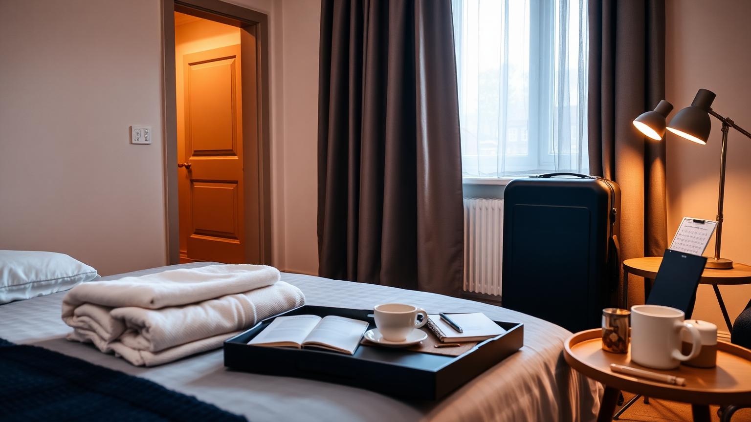 Apartmán pripravený pre hostí krátkodobého prenájmu s uterákmi, kufrom a welcome trayom.