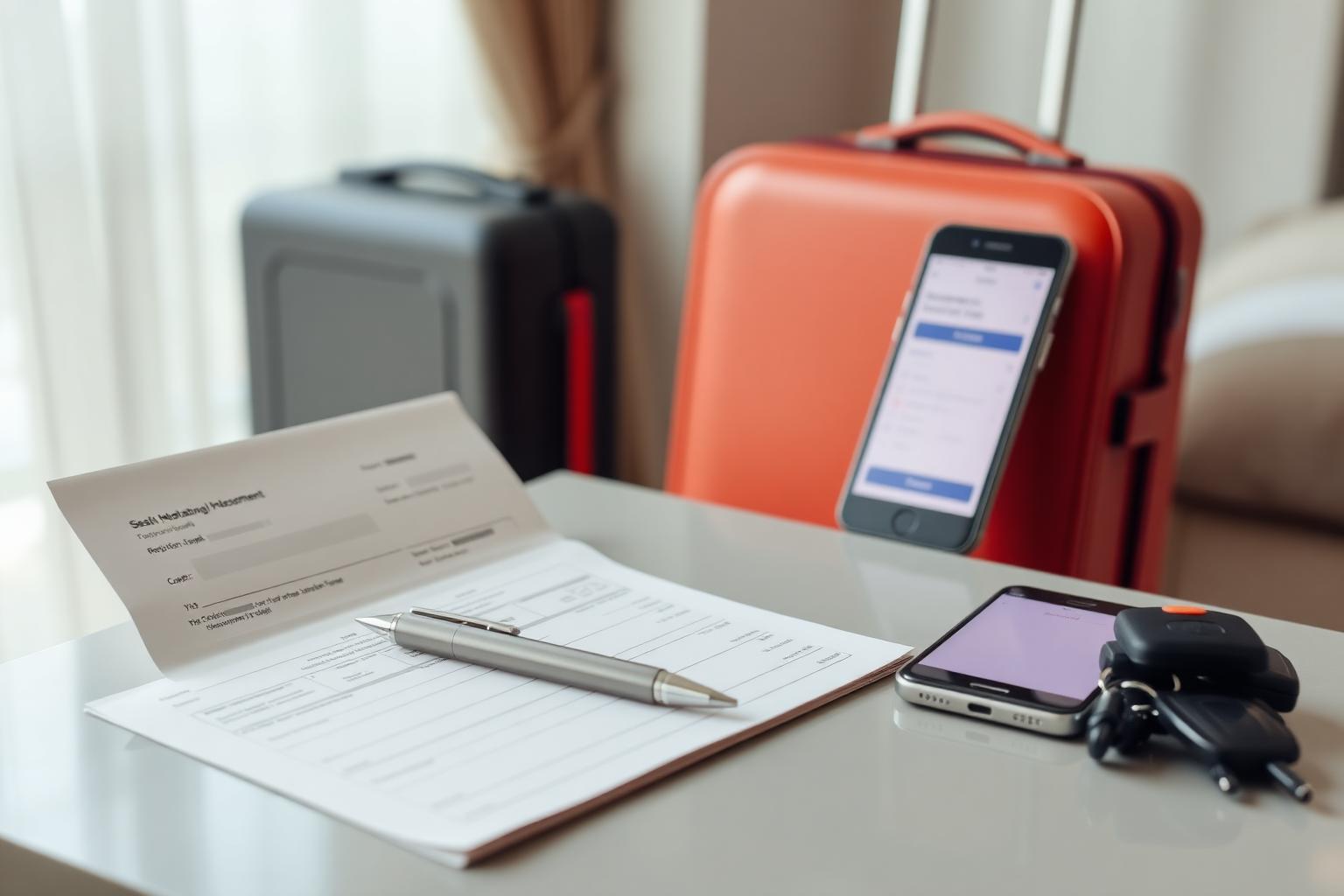 Check-in stôl v apartmáne s cestovnými dokladmi, formulárom, kľúčmi a kufrom v pozadí.
