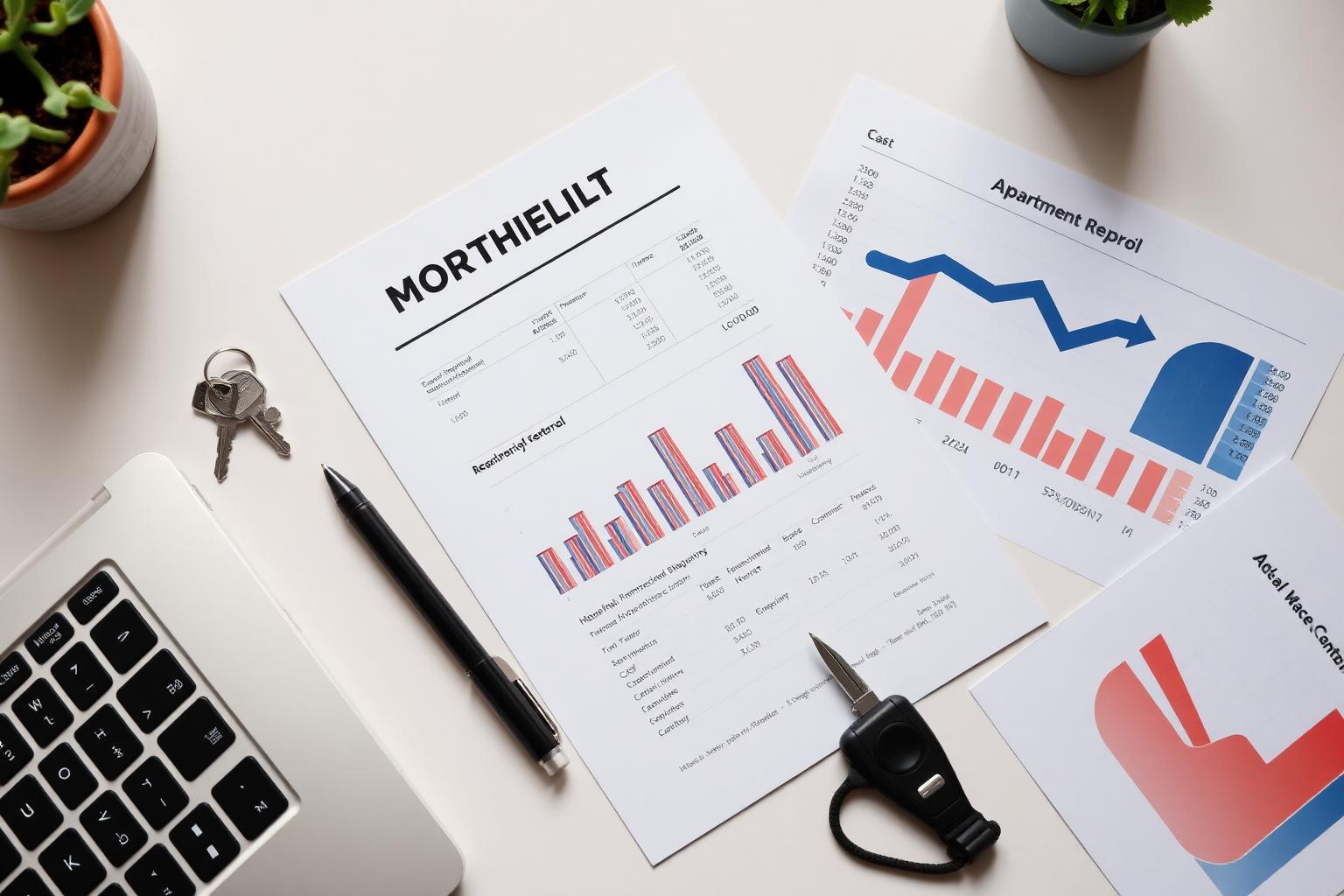Notebook s dashboardom mesačného reportu na mramorovom stole v premium bratislavskom apartmáne.