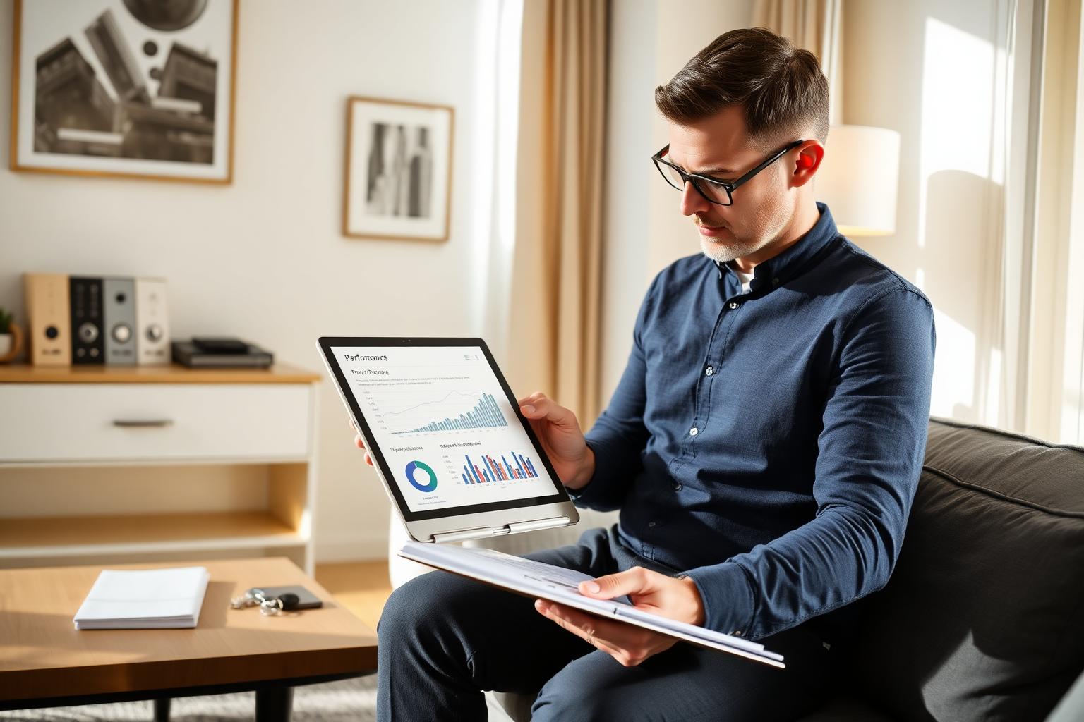 Tablet s transparentným reportingom pre majiteľa bytu na obývacom stole v premium apartmáne.