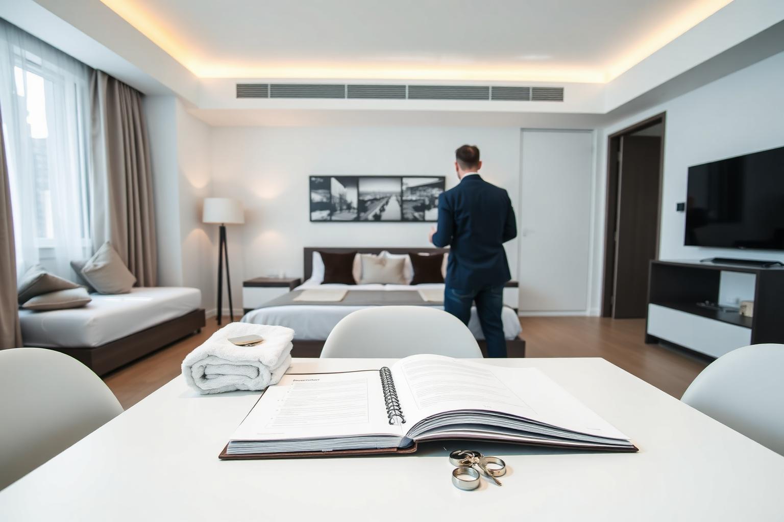 Čerstvo pripravená spálňa apartmánu so vzorne uloženými uterákmi, checklistom a štýlovými detailmi.