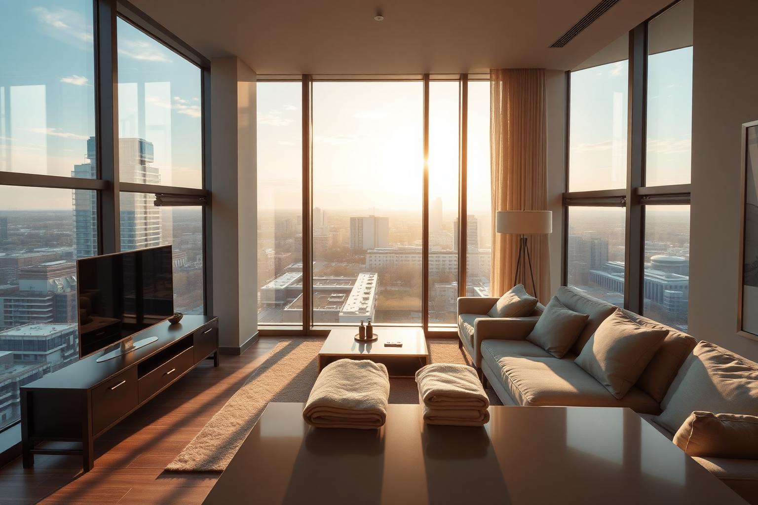 Luxusný apartmán vo veži Sky Park s panoramatickým výhľadom na Bratislavu za súmraku.