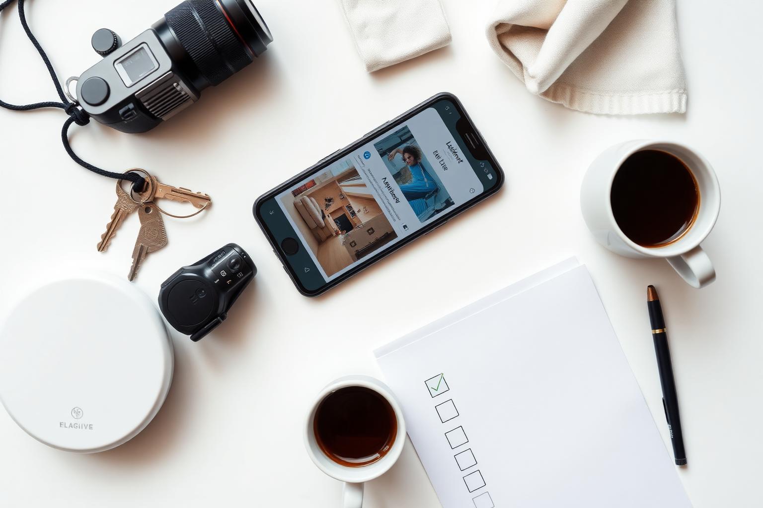 Flat-lay vybavenia bytu pre Airbnb: uteráky, kapsuly, toaletné potreby, notebook a kľúče.